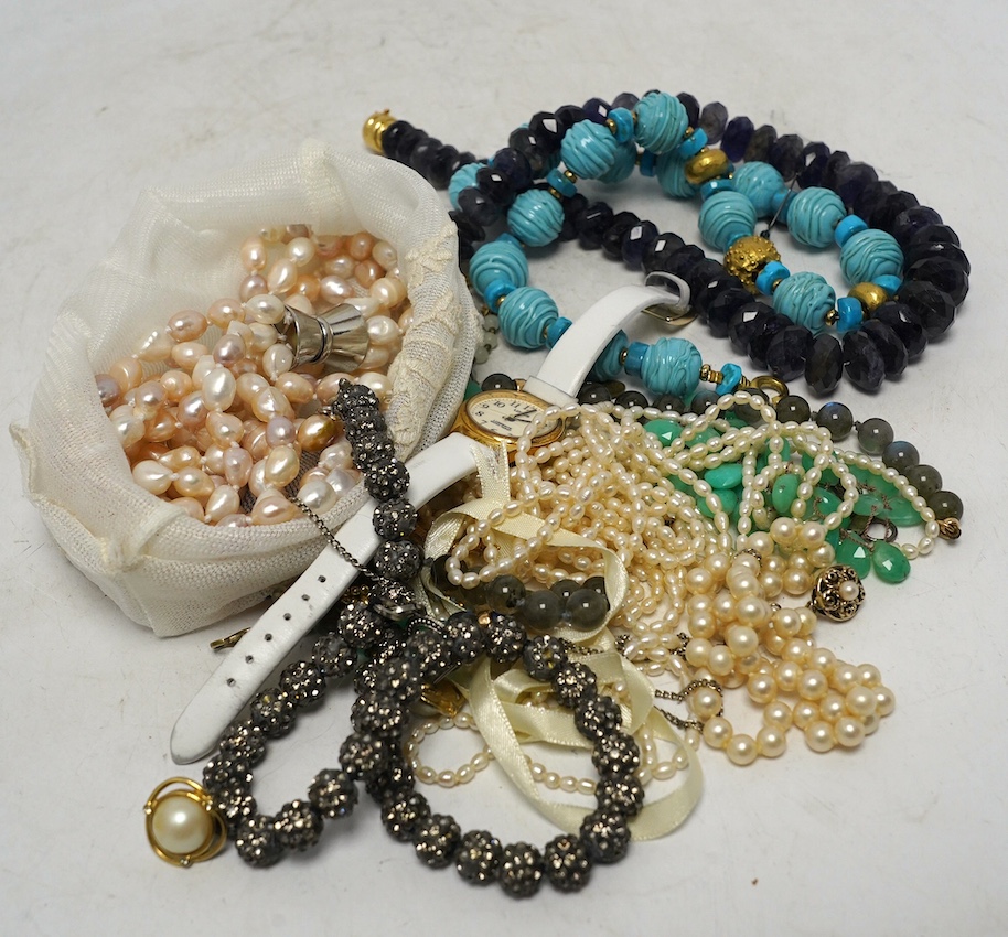A quantity of assorted mainly costume jewellery etc., including blue quartz? necklace, cultured pearl necklace and freshwater pearl necklace. Condition - fair